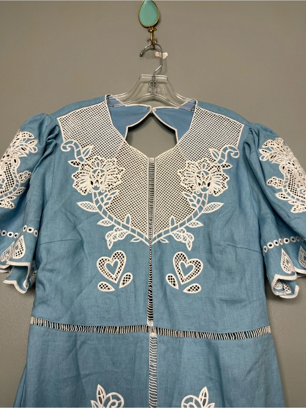 FARM Rio NWT Light Blue Linen Embroidery Short Sleeve Midi Dress Women’s Size XL - Picture 4 of 12